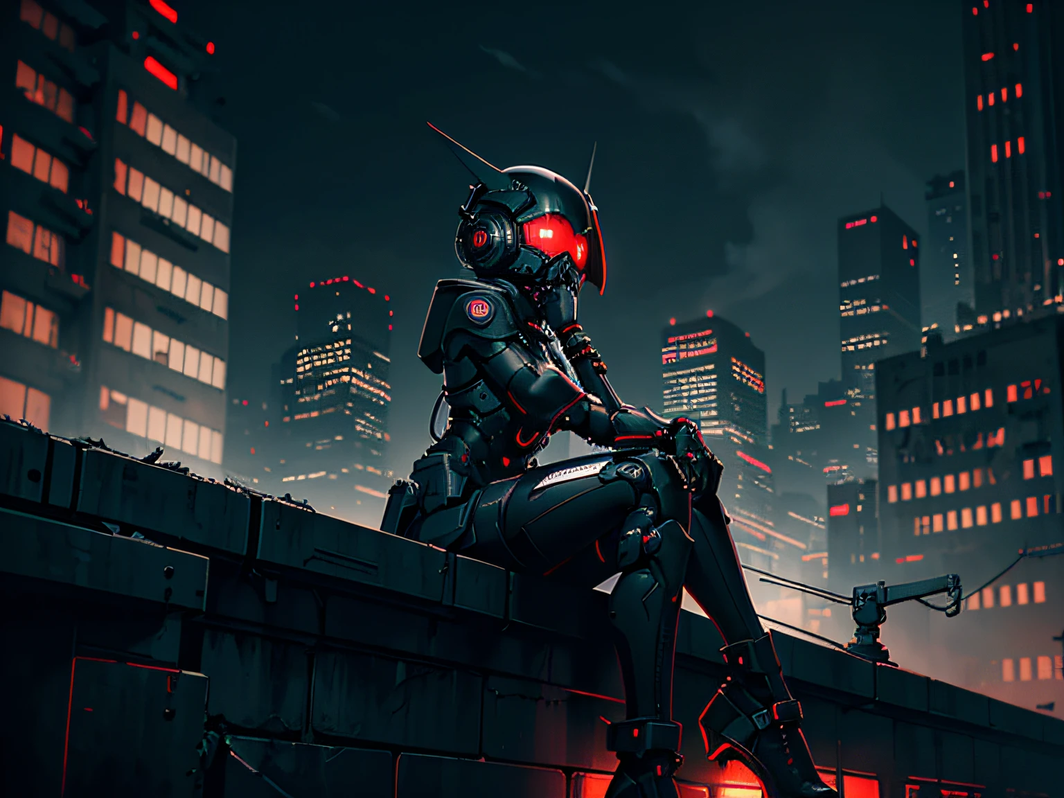 gloomy futuristic atmosphere, Dark cyberpunk, side glance, ((gloomy mechanized girl)), mid length hair, gray hair, mechanical helmet with pointed ears, red eyes, mechanical bracelets, sitting on the parapet, brick parapet, Cold lighting, on roof, Hopeless landscape, dark gloomy cityscape, Duck sky, Black Sky, It's dark night, Horror atmosphere, perfect anatomy, Masterpiece
