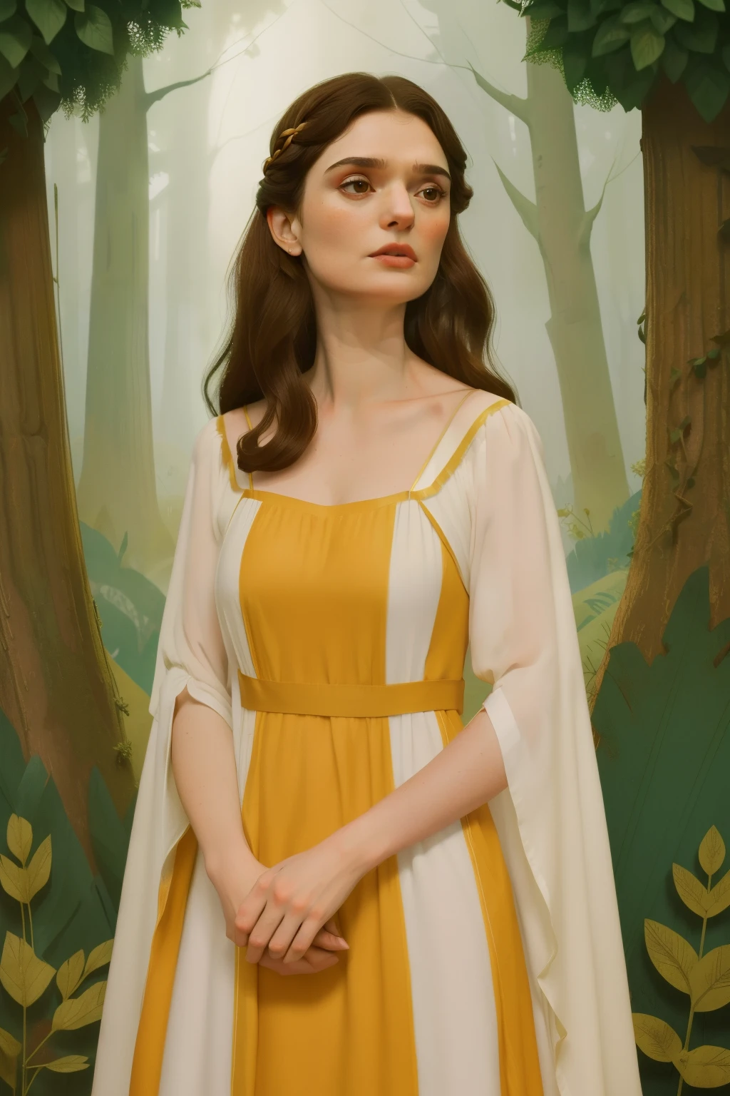 1135, England. otherworldly scene in a forest, ((((27-year-old)) Rachel Weisz)), brunette, sad and smug look, telling her story, ((((poor plain tunic gown from the 12th century)))), ((Hairstyle of the 12th century)), ((Wes Anderson cinematic style)), colorful