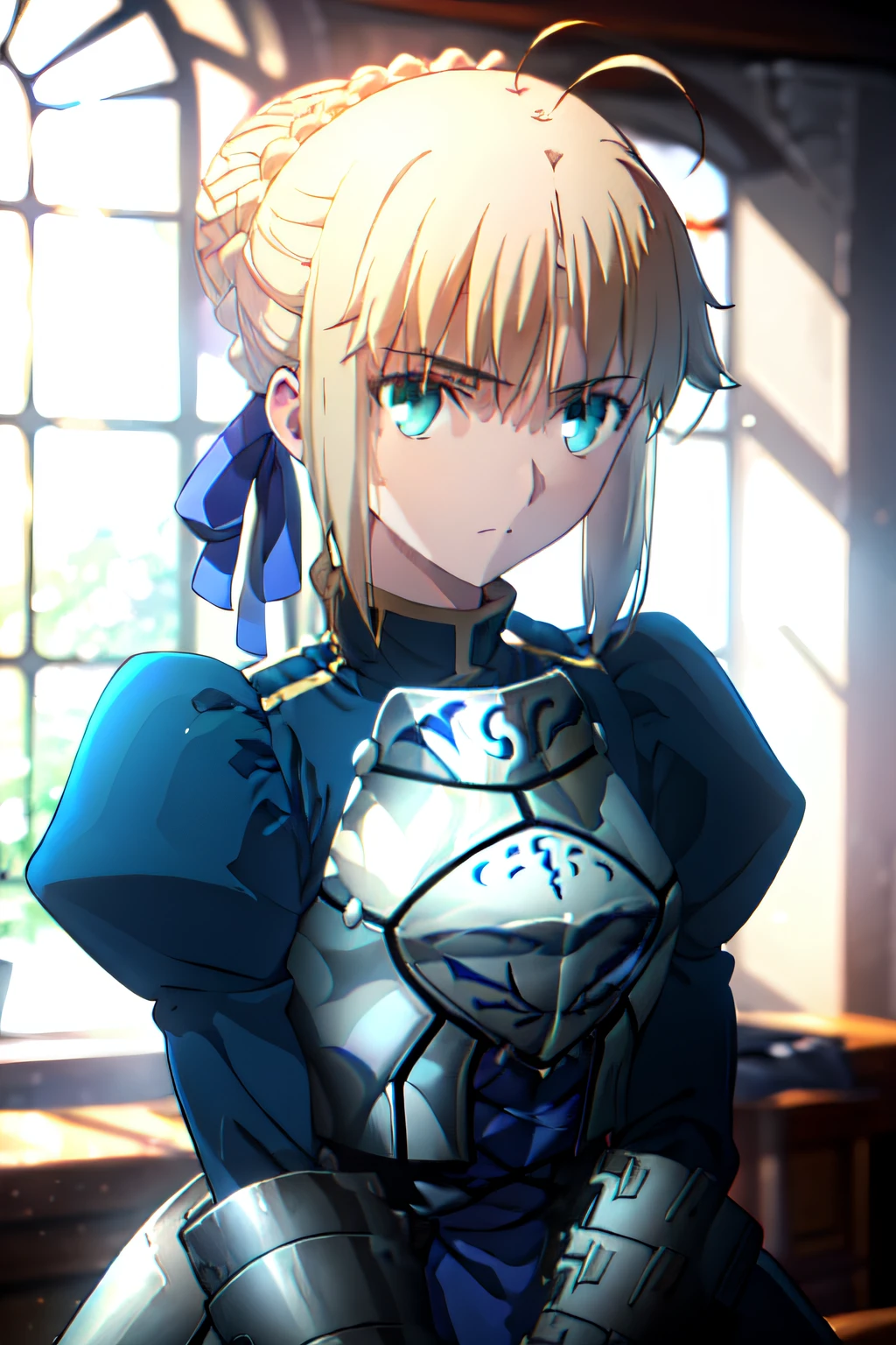 1girl, solo, (armor), blue dress, blue eyes, ahoge, puffy sleeves, white background, 8k, (armored dress), braid, dress, hair ribbon, expressionless, bright Eyes,  hair between eyes, looking at viewer, puffy sleeves, blonde hair, ((hair bun)), closed mouth, preffy sleeves, portrait, detailed eyes, Looking forward