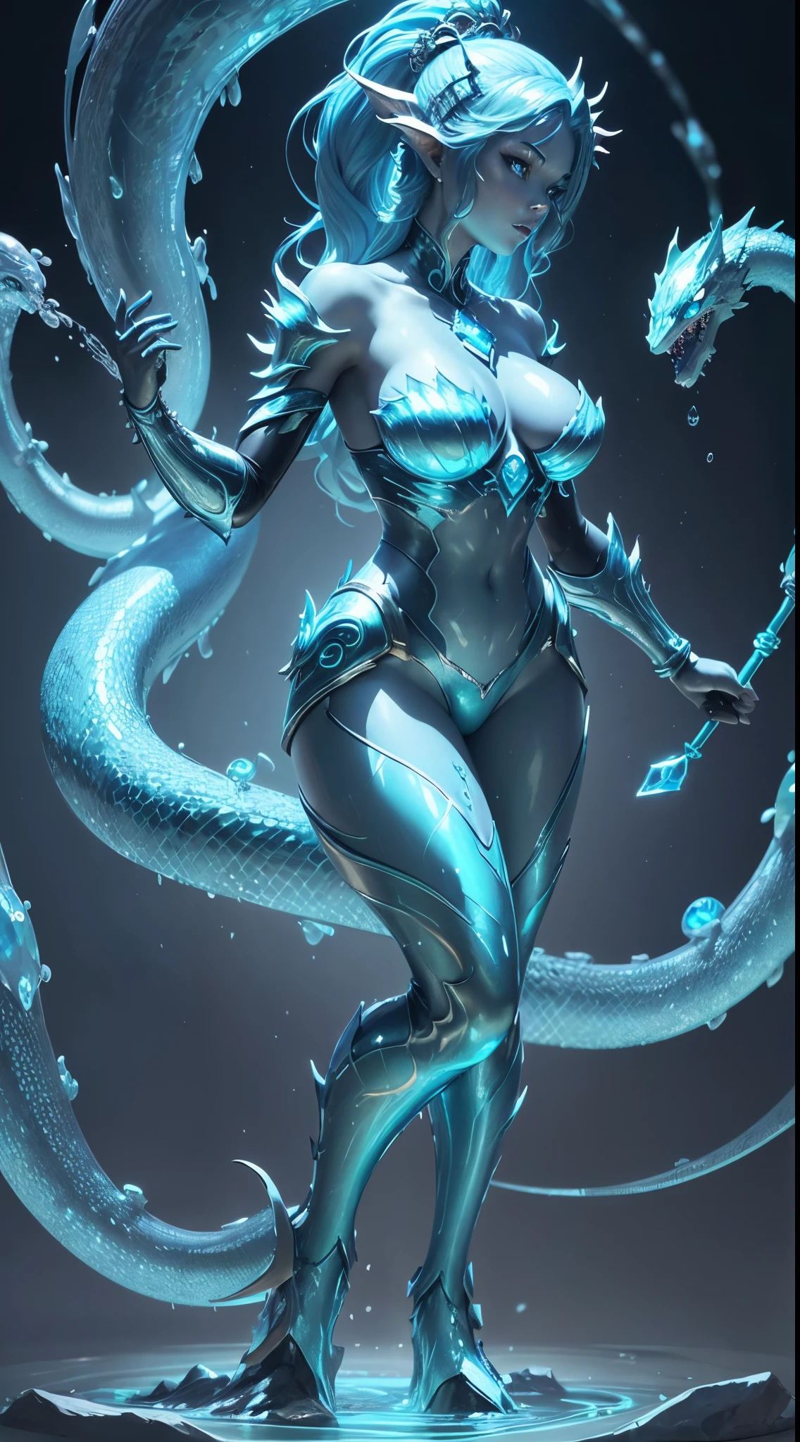 a close up of a statue of a woman with a blue body, water elemental, water demon, asian female water elemental, luminous water elemental, iridescence water elemental, serpentine water monster, beautiful biomechanical djinn, water armor, snake woman hybrid, mermaid cyborg with a laser whip,  sorceress, splashcreen character art