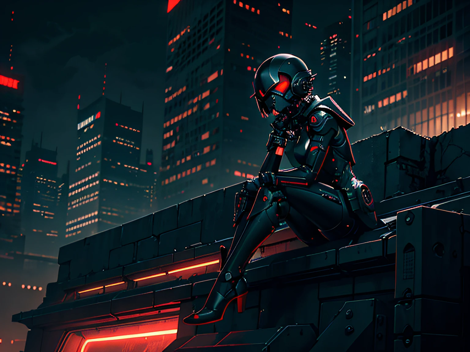 gloomy futuristic atmosphere, Dark cyberpunk, side glance, ((gloomy mechanized girl)), mid length hair, gray hair, mechanical helmet with pointed ears, red eyes, mechanical bracelets, sitting on the parapet, brick parapet, Cold lighting, on roof, Hopeless landscape, dark gloomy cityscape, Duck sky, Black Sky, It's dark night, Horror atmosphere, perfect anatomy, Masterpiece