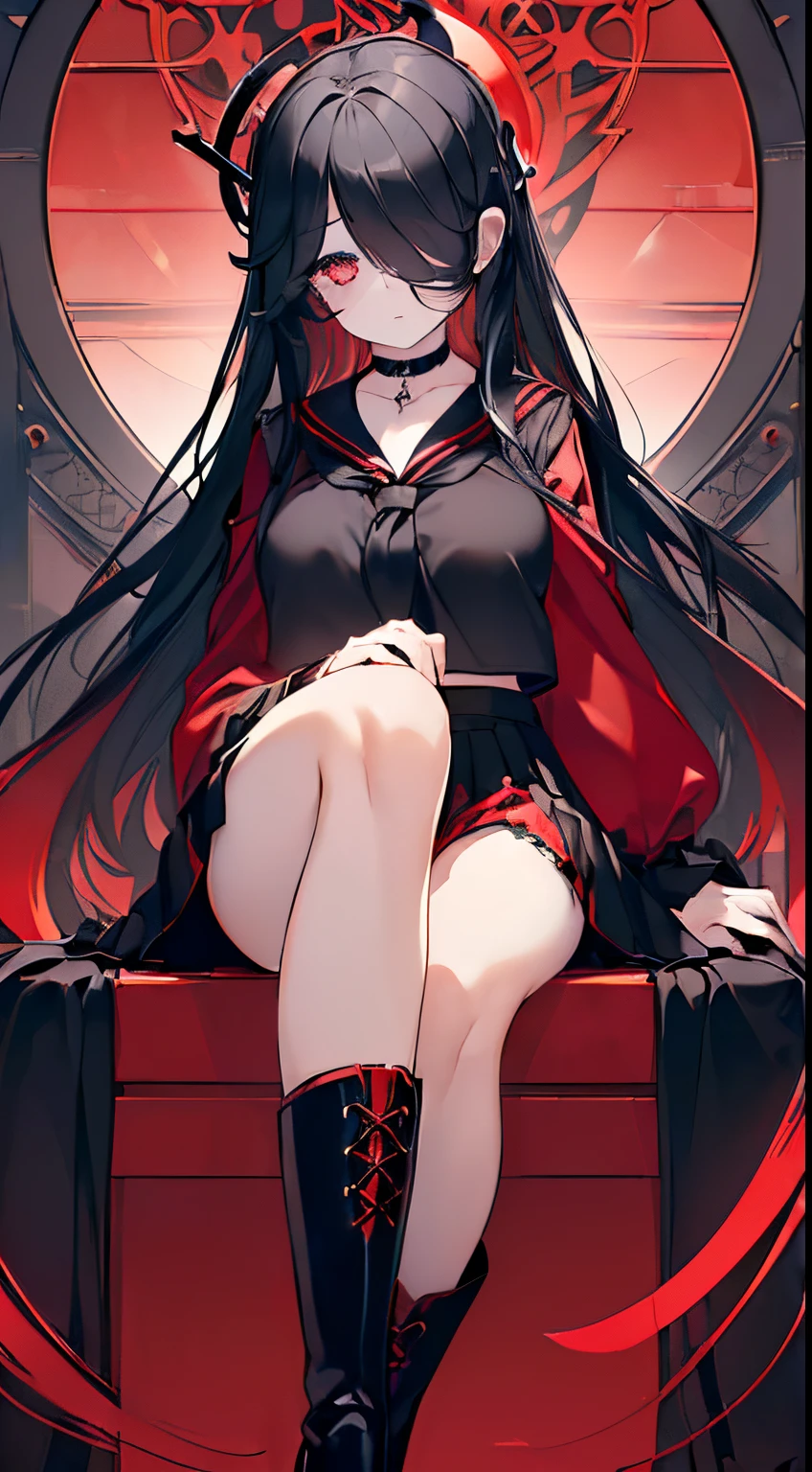 (extremely detailed CG unity 8k wallpaper), (((ultra-detailed))), ((extremely detailed)), (((best illustration))), best illumination, ((extremely delicate and beautiful)), ((an extremely delicate and beautiful girl)), colorful, modern city, ((1 girl, solo:1.9)), {{finely detailed beautiful eyes and detailed face}}, expressionless, extra long hair, Opaque hair, (hair over right eye:1.9), (((deep black hair))), (red empty eyes:1.5), beautiful detailed eyes, mature female, slender, big breast, (((intricate details))), (Black and red long sleeve sailor top and black short skirt:1.5), medium height black boots, ((black choker with red pendent)), red spider lily mark on neck, sitting, bishoujo, full-body