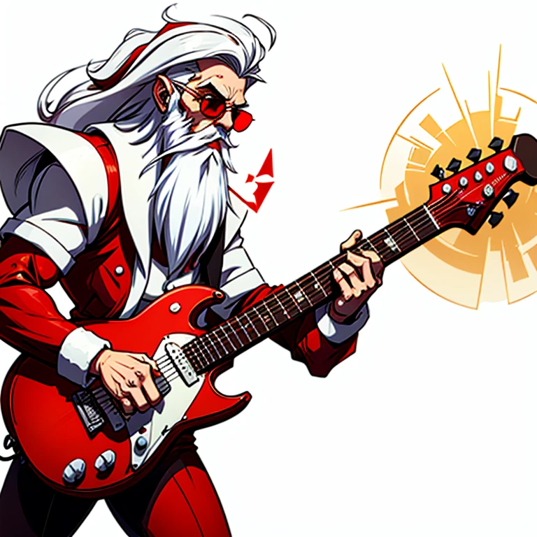 Cartoon style illustration on a white background, a thin man dressed in a red Santa Claus outfit, with a long beard and white hair, in sunglasses facing right playing the electric guitar, high quality