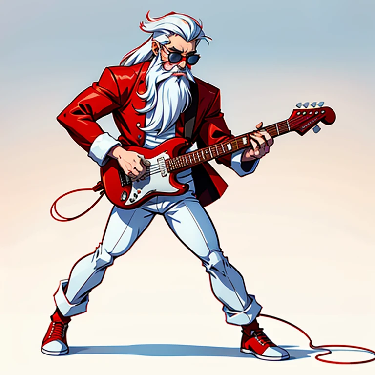 Cartoon style illustration on a white background, a thin man dressed in a red Santa Claus outfit, with a long beard and white hair, in sunglasses facing right playing the electric guitar, high quality