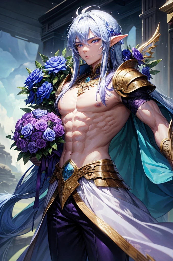 Gorgeous asian elven king, in blue dragon scaled armor, holding a flower bouquet of purple roses