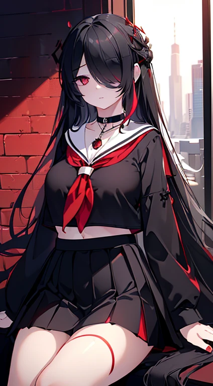 (extremely detailed CG unity 8k wallpaper), (((ultra-detailed))), ((extremely detailed)), (((best illustration))), best illumination, ((extremely delicate and beautiful)), ((an extremely delicate and beautiful girl)), colorful, modern city, ((1 girl, solo:1.9)), {{finely detailed beautiful eyes and detailed face}}, expressionless, extra long hair, One eyes, Opaque hair, (hair over right eye:1.9), (((deep black hair))), (red empty eyes:1.5), beautiful detailed eyes, mature female, slender, big breast, (((intricate details))), (Black and red long sleeve sailor top and black short skirt:1.5), medium height black boots, ((black choker with red pendent)), red spider lily mark on neck, sitting, bishoujo, full-body