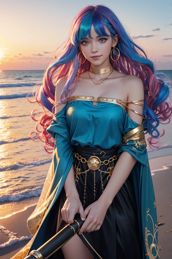 1 girl, (iridescent hair, colorful hair, half blue and half pink hair: 1.2), , blue_sky, holding a magic wand, summer (season), petals_on_liquid, black cloak with hood, red and black torn dress, skirt: 1.2, (gold long curly hair: 1.5), sky, outdoor, clouds, bangs, smile, sky blue eyes, bare shoulders, perfect hands, Hand details, repaired fingers. Earrings, sea + background, looking_at_viewer, cowboy shot, top quality, rich detail, perfect image quality, sunrise