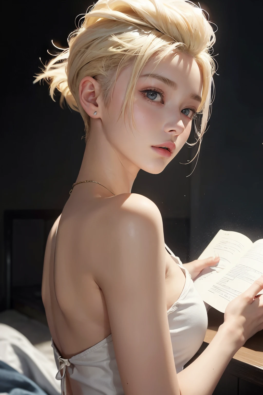 a 20-year-old woman, Blond, (hi-top fade:1.3), dunkles Thema, soothing tones, dim colors, Hoher Kontrast, (natural skin texture, Hyperrealismus, Weiches Licht, scharf)