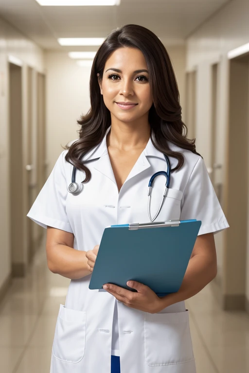 An image of a 40-year-old, long healthy luminous hair, latina nurse wearing a white short sleeves nurse jacket, standing in a hospital corridor with a clipboard in her hand. The image has a white space on the top right corner where a text of 3 lines can be added.