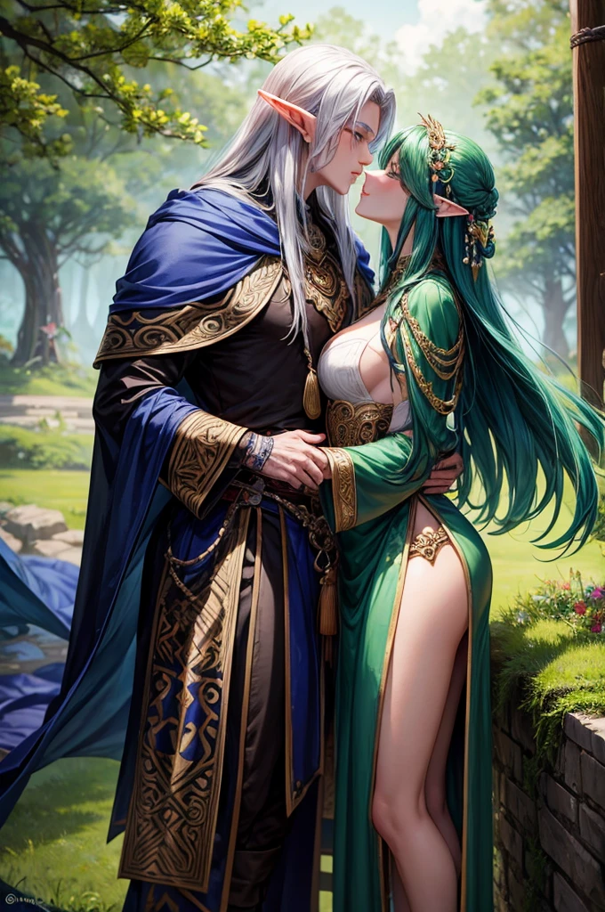 Gorgeous asian elf king almost kissing handsome druid king dressed in gothic robes