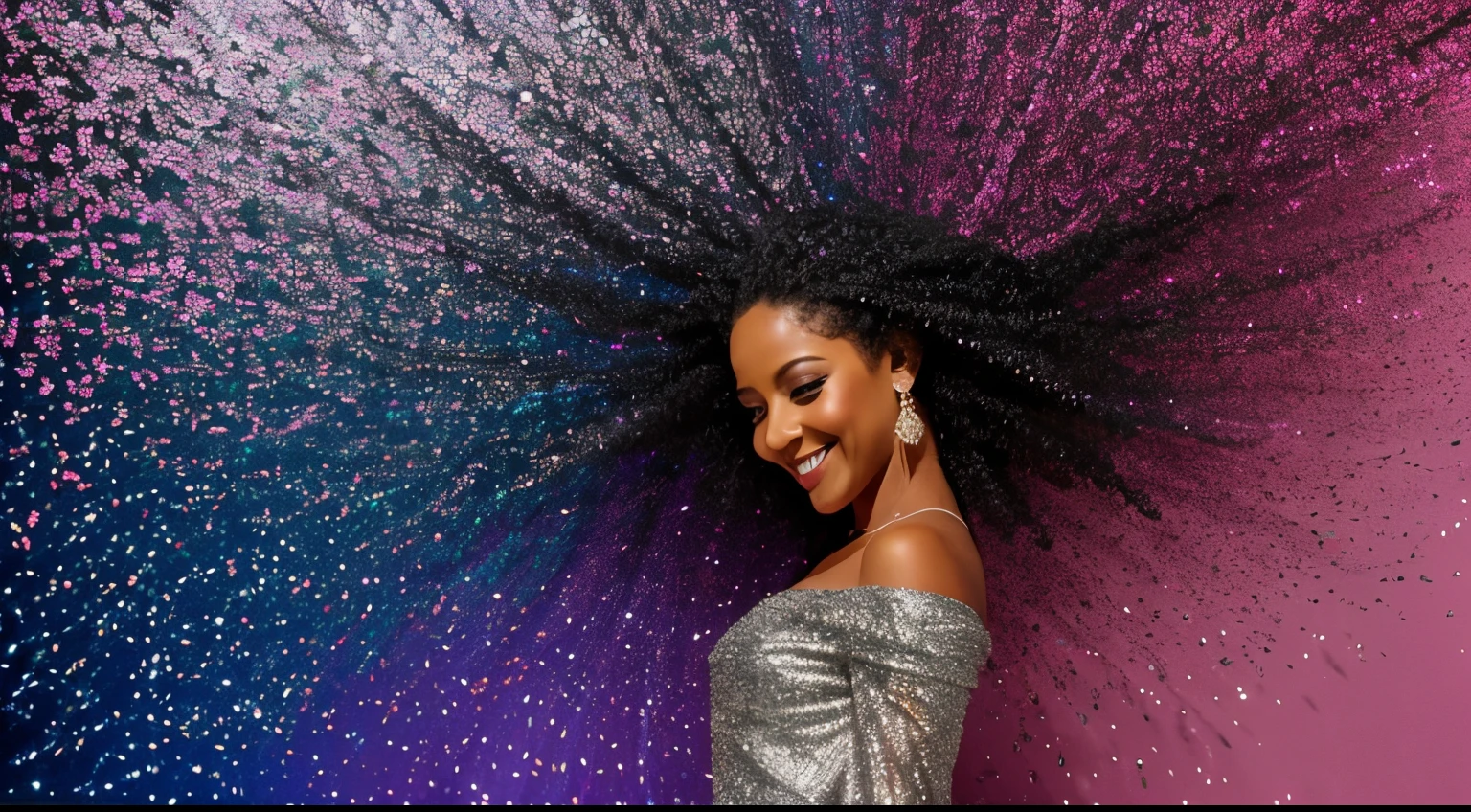 linda mulher sorrindo com cabelo preto cacheado. Sombras em movimento, net flows. Combination, sparkling glitter particles, flores no ar. colorful bird shapes in the air like a shadow and all the flowers around you
