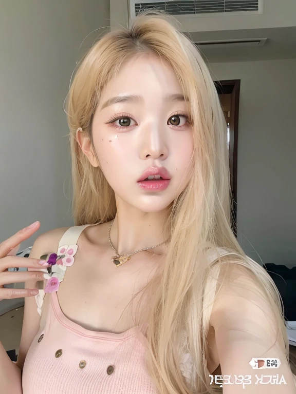 Mujer araffada con cabello largo y rubio y un top rosa., 8k selfie photograph, Parque Roseanne de Blackpink, Retrato de Jossi de Blackpink, maquillaje popular de Corea del Sur, ulzzang, Wan adorable cara coreana, cabello rubio muy, very pale, Lalisa Manobal, Joven y adorable rostro coreano, maquillaje coreano popular, extremely pale blond hair, pale, shiny skin