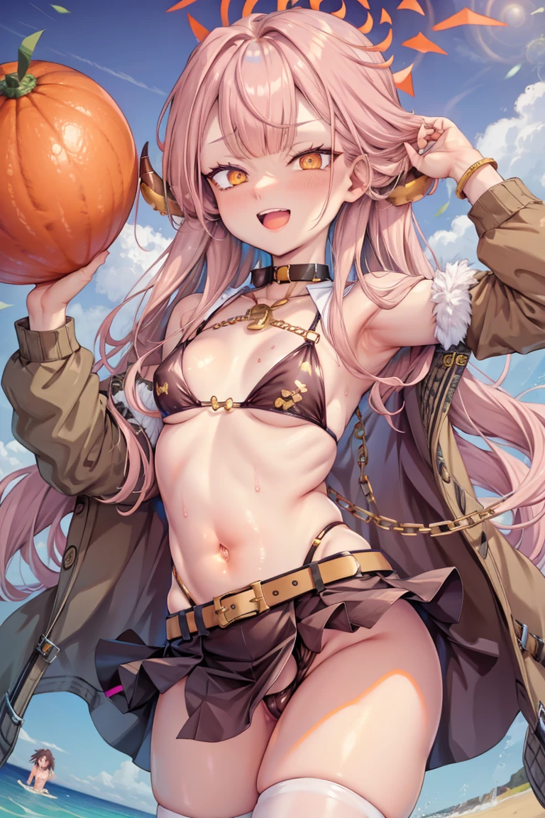 1girl, (aru), halo, horns, long hair, (orange eyes:1.3), pink hair, bangs, blunt bangs, bikini, latex, miniskirt, flat chest, midriff, navel, jewelry, choker, belt, golden chain, thighhighs, heart shape, elbow gloves, child, kids, masterpiece, best quality, glowing skin, shiny skin, oily skin, seaside, beach, blue sky,