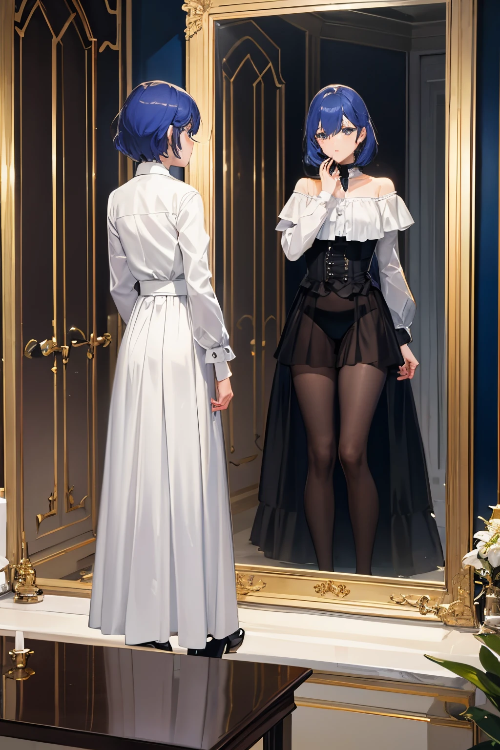 le reflet d'un homme dans un miroir est une femme en tenue bdsm