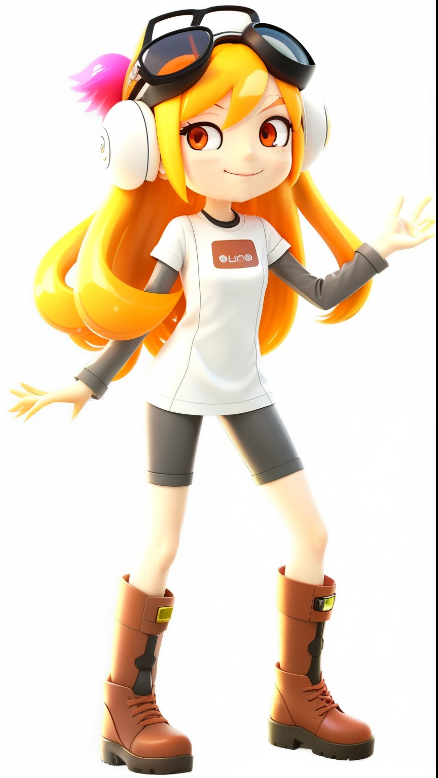 a cartoon girl with a pair of sunglasses and a white shirt, she has long orange brown hair, with splatoon style, she has long redorange hair, humanoid pink female squid girl, rena nounen style 3/4, shiny!!, pearl, nintendo, leeloo outfit, squid, inspired by Leiko Ikemura, by Josetsu