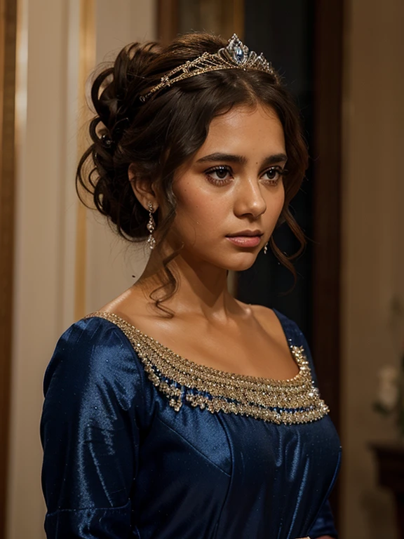 tan girl in a midnight blue jeweled fitted gown. She has brown curly hair in an elegant bun, and a glittery tiara on her head. She has a sad expression on her face