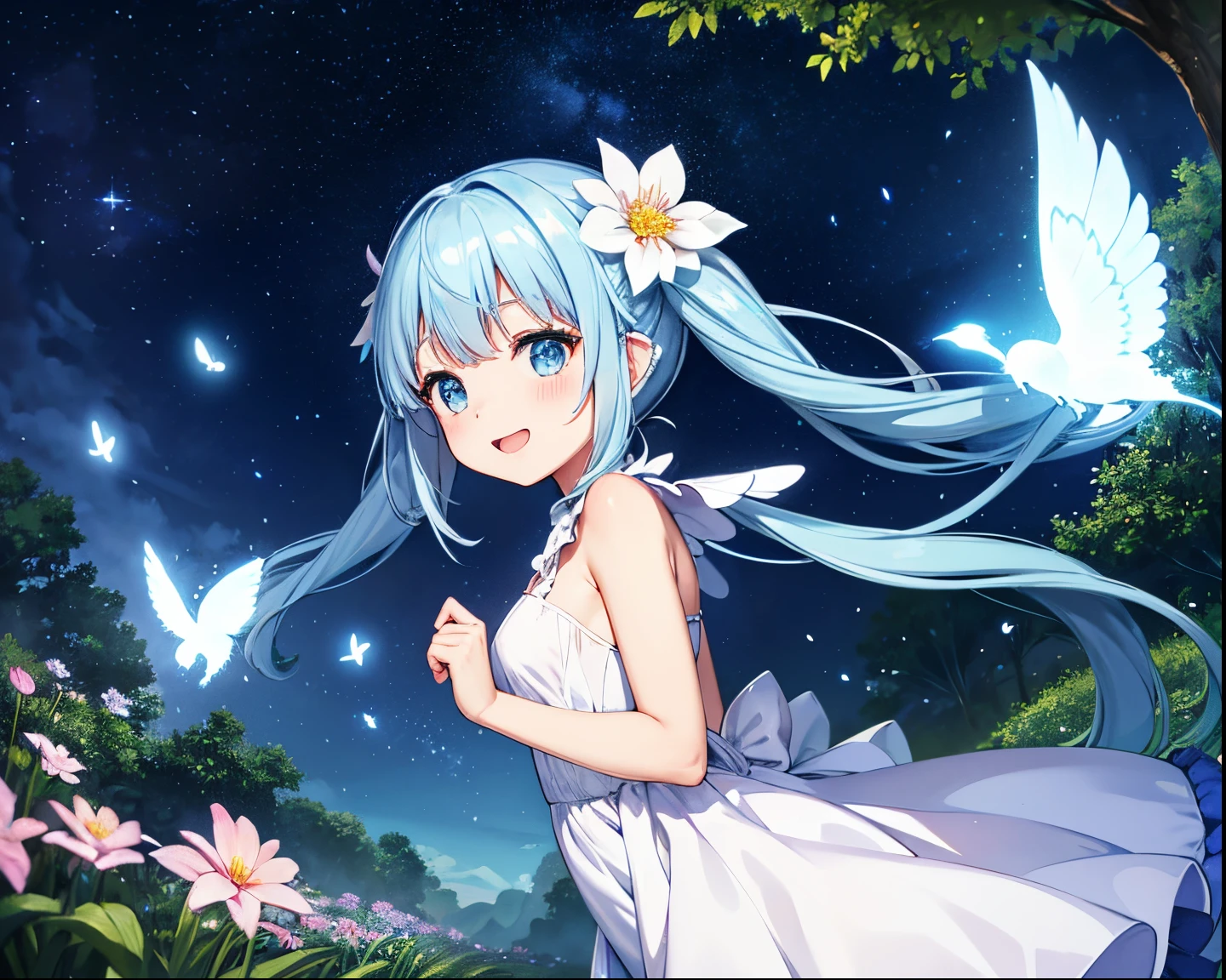 Dynamic Angle、 within a magical forest, a mystical fairy girl emerges, Light blue long hair、Hairstyle Twin Tails、Adorable smile, sparkle of moonlight, flower bloom、A big pure white owl is flying、、The tree々While flapping its wings in the sparkling fireflies, Many beautiful flowers are blooming、fantastic landscape、A sky full of stars twinkles、 Creating a field where dreams and reality intersect,