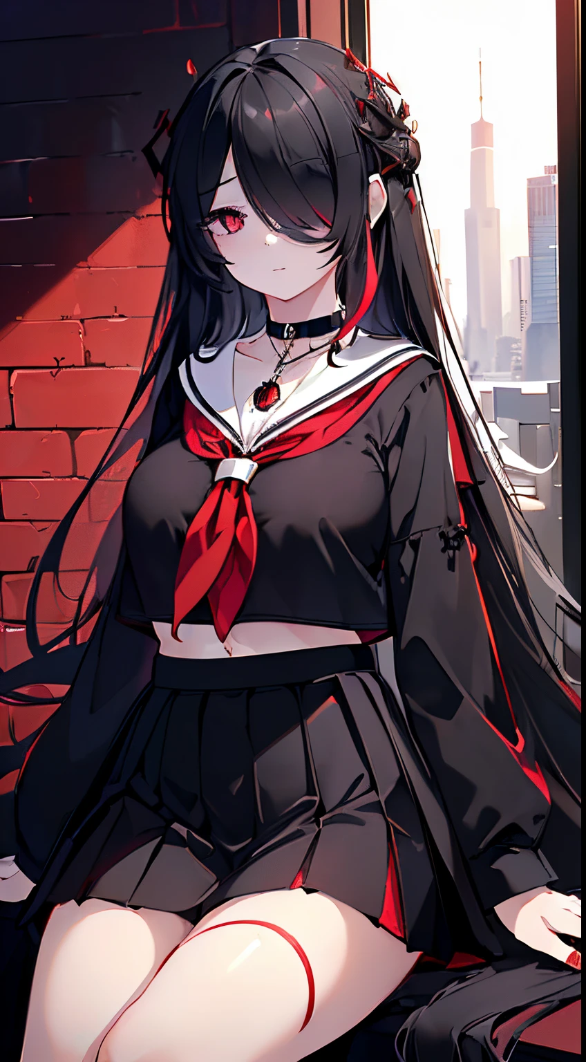(extremely detailed CG unity 8k wallpaper), (((ultra-detailed))), ((extremely detailed)), (((best illustration))), best illumination, ((extremely delicate and beautiful)), ((an extremely delicate and beautiful girl)), colorful, modern city, ((1 girl, solo:1.9)), {{finely detailed beautiful eyes and detailed face}}, expressionless, extra long hair, One eyes, Opaque hair, (hair over right eye:1.9), (((deep black hair))), (red empty eyes:1.5), beautiful detailed eyes, mature female, slender, big breast, (((intricate details))), (Black and red long sleeve sailor top and black short skirt:1.5), medium height black boots, ((black choker with red pendent)), red spider lily mark on neck, sitting, bishoujo, full-body