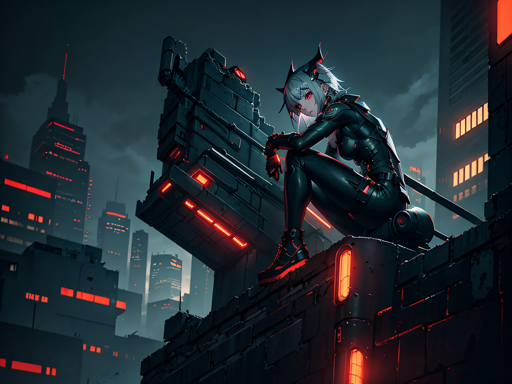 gloomy futuristic atmosphere, Dark cyberpunk, side glance, ((Hopeless anime girl)), mid length hair, gray hair, mechanical helmet with pointed ears, red eyes, mechanical bracelets, sitting on the parapet, feet on the parapet, Leaning against the wall, brick parapet, Cold lighting, on roof, Hopeless landscape, dark gloomy cityscape, Duck sky, Black Sky, It's dark night, Horror atmosphere, perfect anatomy, Masterpiece