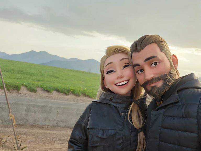 Blonde woman and dark haired man with a beard smiling