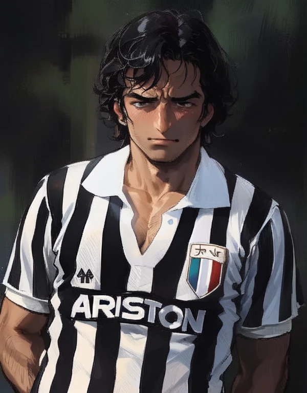 arafed man in a black and white striped shirt standing with his hands on his hips, guido, mimmo rottela, simonetti, he has a devastated expression, fantasy!!!, with a sad expression, bizzaro, rocco, donato, big chin, with a pouting smile, roberto bernardi, p cattaneo, pouting