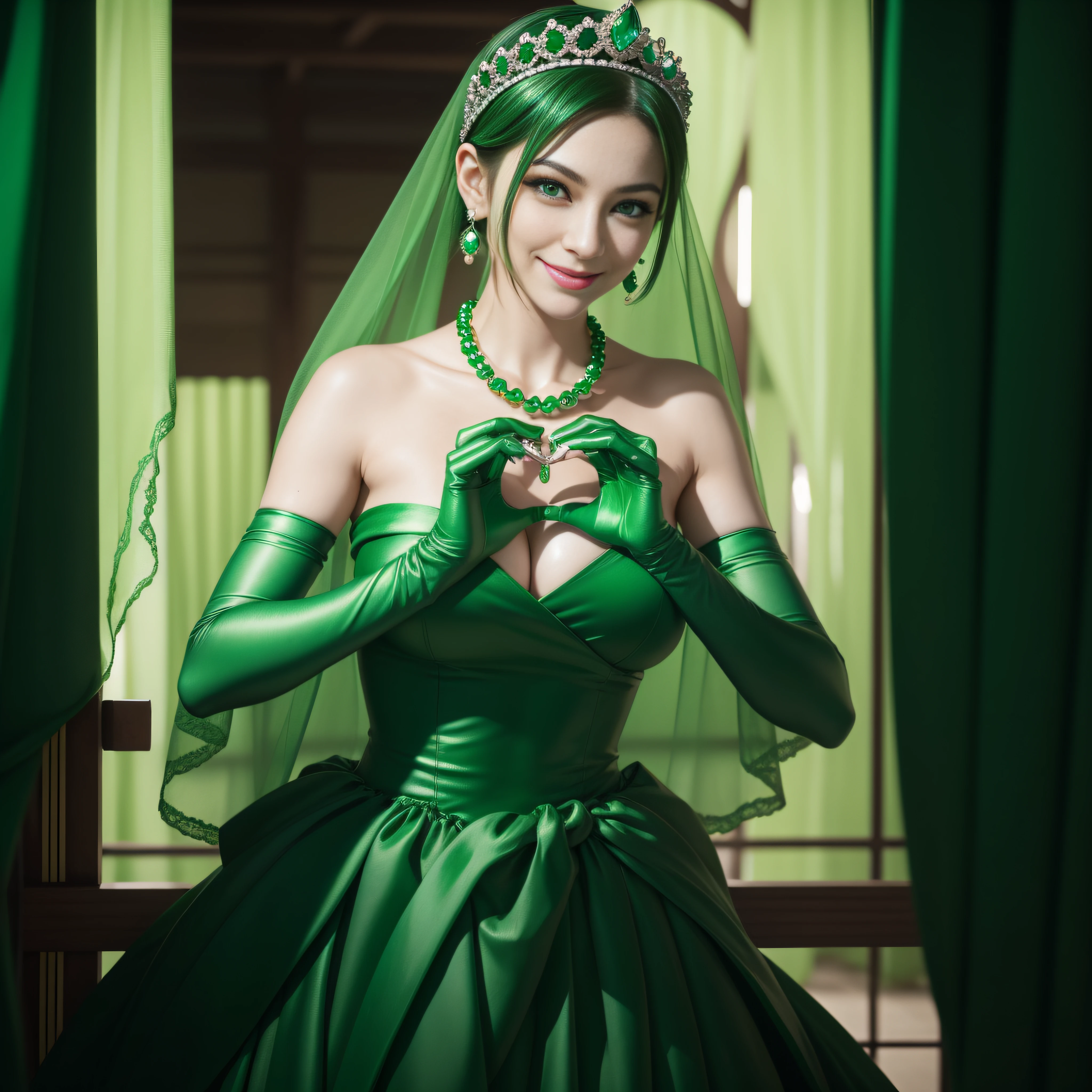 emerald tiara, Green Pearl Necklace, Boyish very short green hair, lipsticks, Japan woman smiling, very short short hair, big breasts beautiful, Green eyes, Long green gloves made of satin material, Green eyes, Emerald Earrings, green vale, Heart with both hands