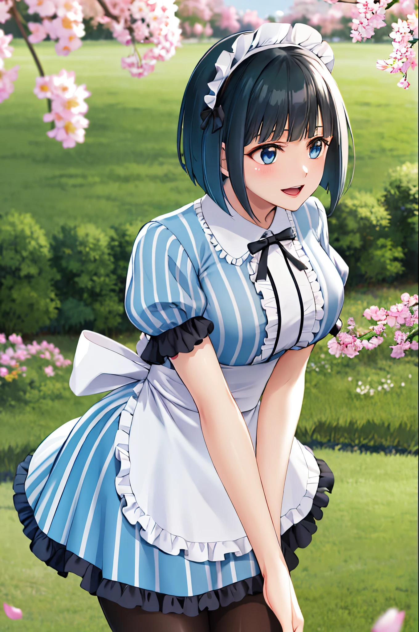 masterpiece, best quality, highres, 1girl, solo, short hair, green hair, bob cut, maid headdress, blue eyes, large breasts, frills, vertical-striped dress, blue dress, short sleeves,  black pantyhose, standing, cowboy shot, arms behind back, smile, open mouth, leaning forward, outdoors, cherry blossoms,