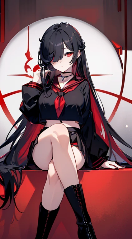 (extremely detailed CG unity 8k wallpaper), (((ultra-detailed))), ((extremely detailed)), (((best illustration))), best illumination, ((extremely delicate and beautiful)), ((an extremely delicate and beautiful girl)), colorful, modern city, ((1 girl, solo:1.9)), {{finely detailed beautiful eyes and detailed face}}, expressionless, extra long hair, One eyes, Opaque hair, (hair over right eye:1.9), (((deep black hair))), (red empty eyes:1.5), beautiful detailed eyes, mature female, slender, big breast, (((intricate details))), (Black and red long sleeve sailor top and black short skirt:1.5), medium height black boots, ((black choker with red pendent)), red spider lily mark on neck, sitting, bishoujo, full-body