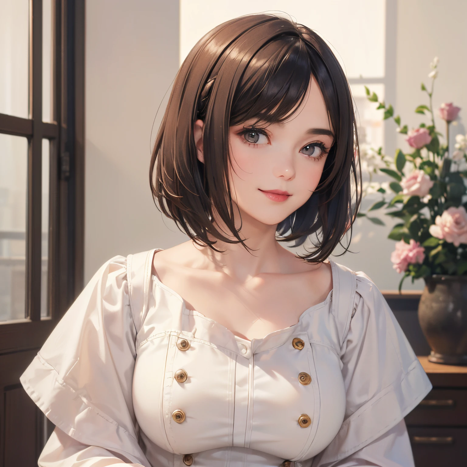 128
(a 20 yo woman, Standing), (A hyper-realistic), (high-level image quality), ((beautiful hairstyle 46)), ((short-hair:1.46)), (Gentle smile), (breasted:1.1), (lipsticks), (Large room), (Depth of field is deep), (Painterly)