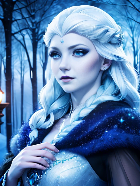 (best quality,4k),The Snow Queen is a vampire,beautiful detailed eyes,long eyelashes,pale skin,flowing ice-blue hair,frosty breath,glistening porcelain skin,snowflakes falling softly,enchanted winter wonderland,glistening snow-covered trees,dark gothic ambiance,mysterious and captivating,hauntingly beautiful,subtle yet alluring charm,charming winter palace,ethereal and mesmerizing presence,photorealistic details,frozen elegance,icy blue color palette,soft moonlight illuminating the scene.