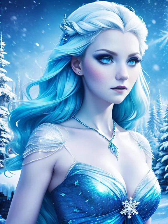 (best quality,4k),The Snow Queen is a vampire,beautiful detailed eyes,long eyelashes,pale skin,flowing ice-blue hair,frosty breath,glistening porcelain skin,snowflakes falling softly,enchanted winter wonderland,glistening snow-covered trees,dark gothic ambiance,mysterious and captivating,hauntingly beautiful,subtle yet alluring charm,charming winter palace,ethereal and mesmerizing presence,photorealistic details,frozen elegance,icy blue color palette,soft moonlight illuminating the scene.