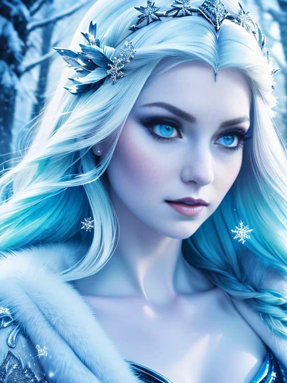 (best quality,4k),The Snow Queen is a vampire,beautiful detailed eyes,long eyelashes,pale skin,flowing ice-blue hair,frosty breath,glistening porcelain skin,snowflakes falling softly,enchanted winter wonderland,glistening snow-covered trees,dark gothic ambiance,mysterious and captivating,hauntingly beautiful,subtle yet alluring charm,charming winter palace,ethereal and mesmerizing presence,photorealistic details,frozen elegance,icy blue color palette,soft moonlight illuminating the scene.