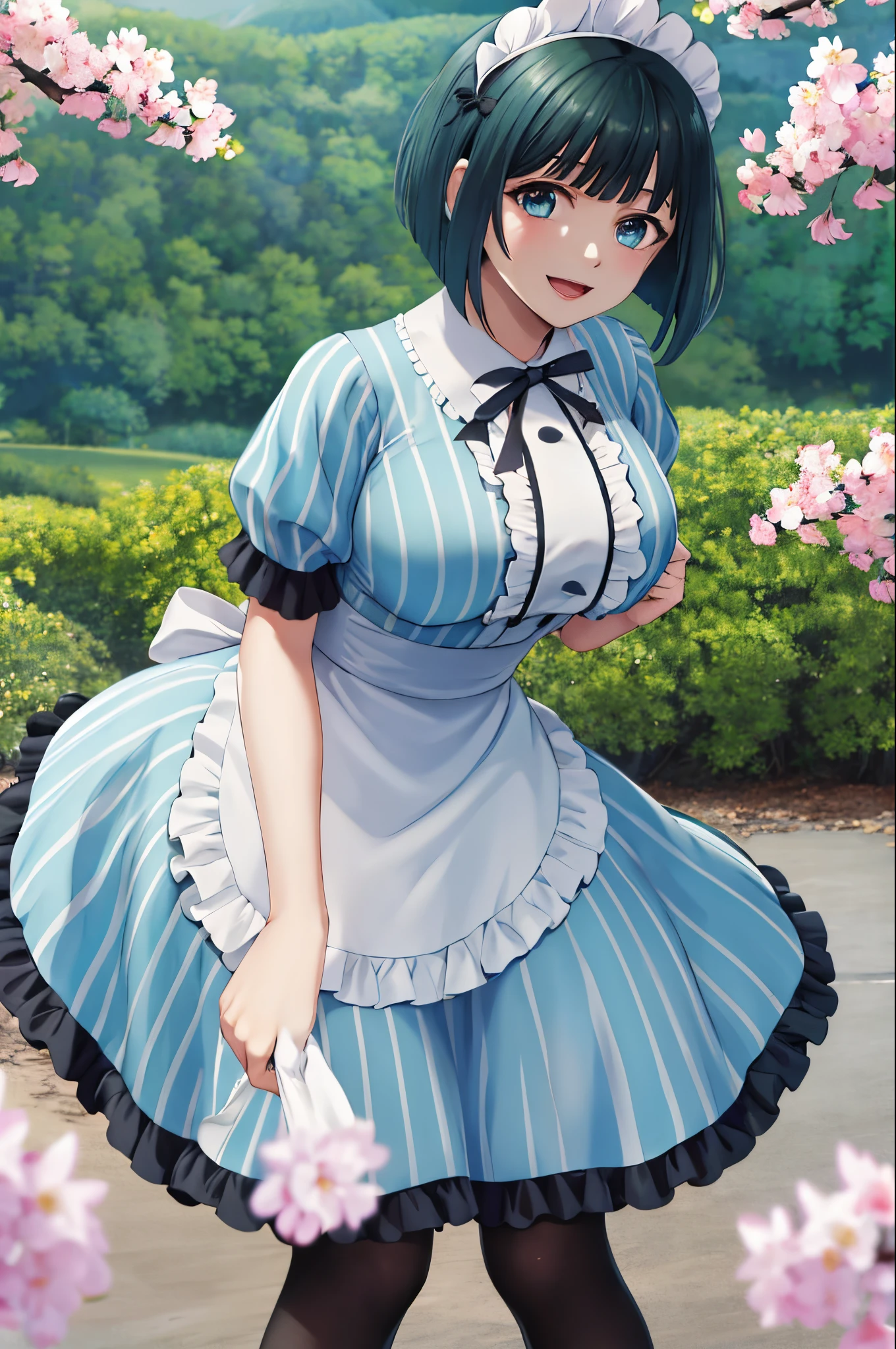 masterpiece, best quality, highres, 1girl, solo, short hair, green hair, bob cut, maid headdress, blue eyes, large breasts, frills, vertical-striped dress, blue dress, short sleeves,  black pantyhose, standing, cowboy shot, arms behind back, smile, open mouth, leaning forward, outdoors, cherry blossoms,