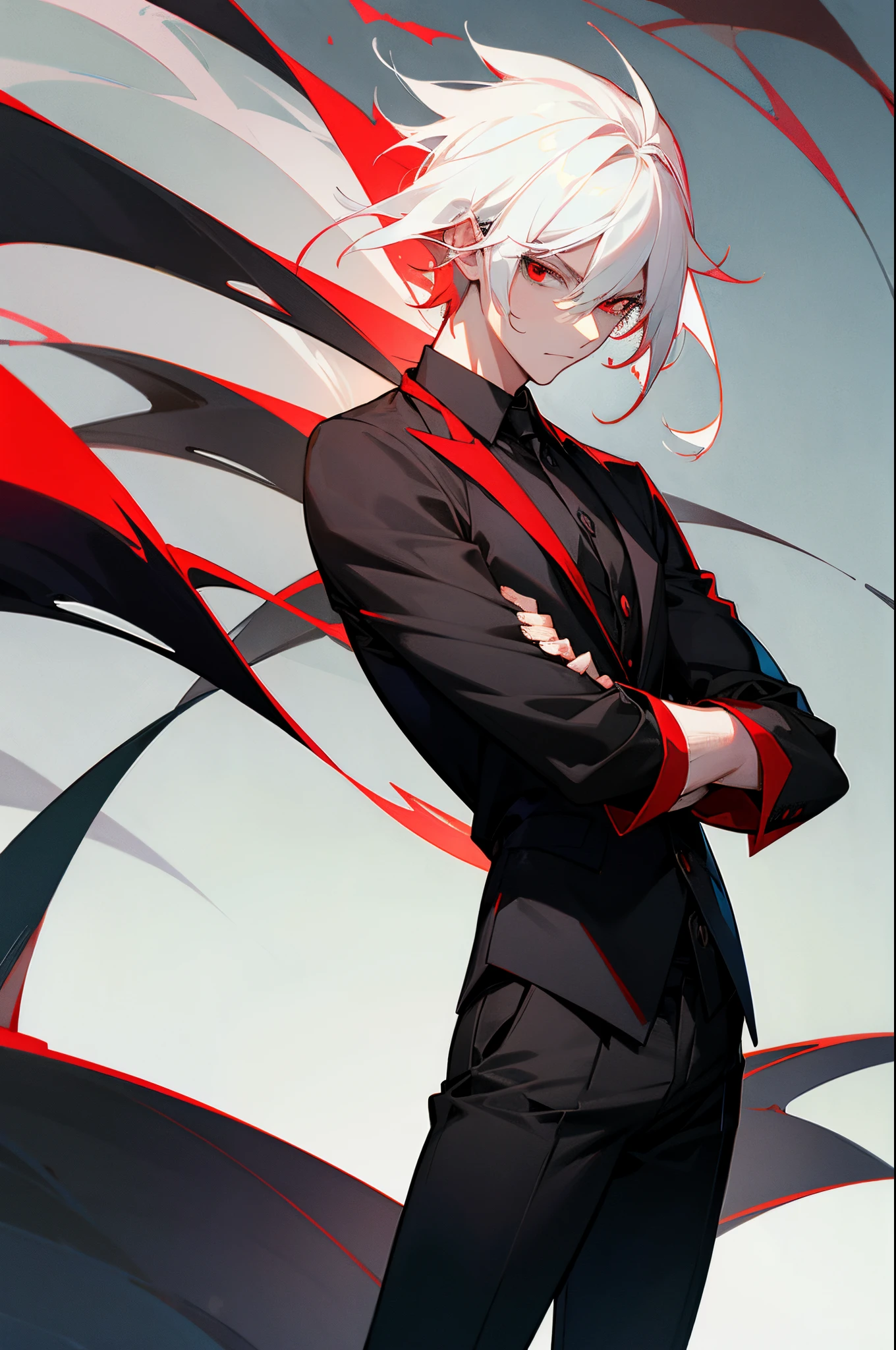 White haired, red eyed, man, handsome, calm, wearing black shirt and black pants, background garden