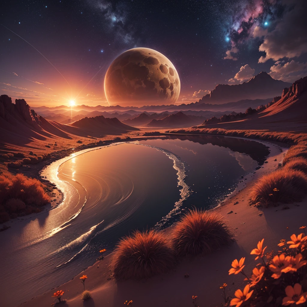planete mars , ocean d'eau , espace , voie lacté , bien détailler , nuit , planète terre , soleil , étoiles , sunset , 4K