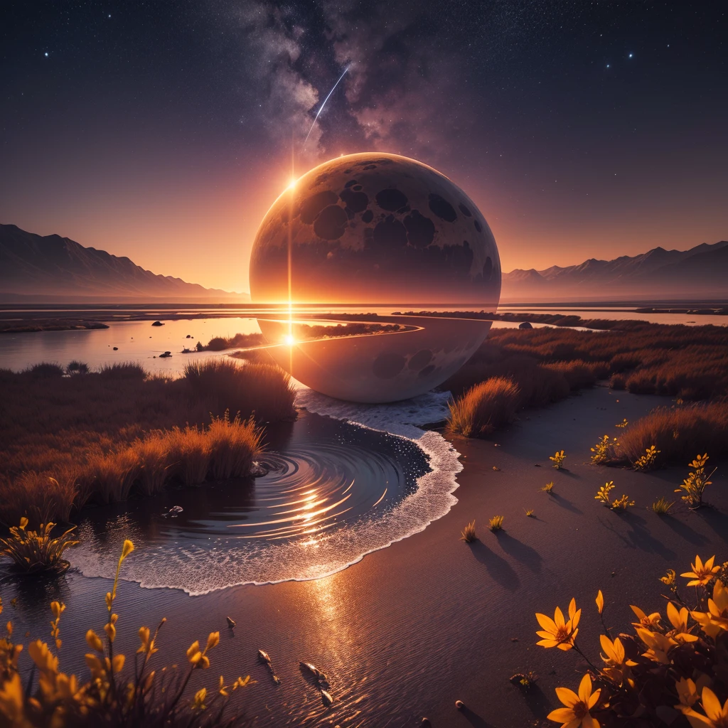 planete mars , ocean d'eau , espace , voie lacté , bien détailler , nuit , planète terre , soleil , étoiles , sunset , 4K