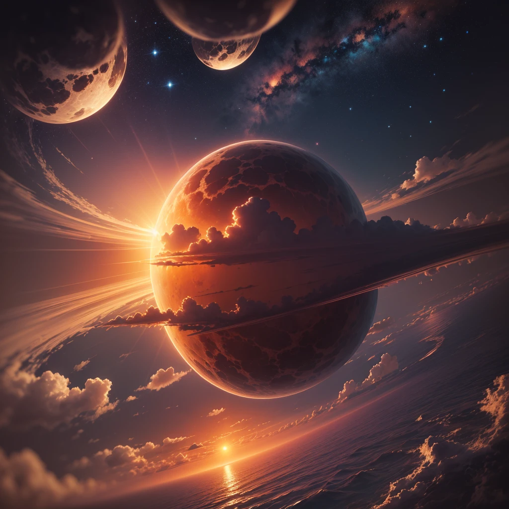 planete mars , ocean d'eau , espace , voie lacté , bien détailler , nuit , planète terre , soleil , étoiles , sunset , 4K