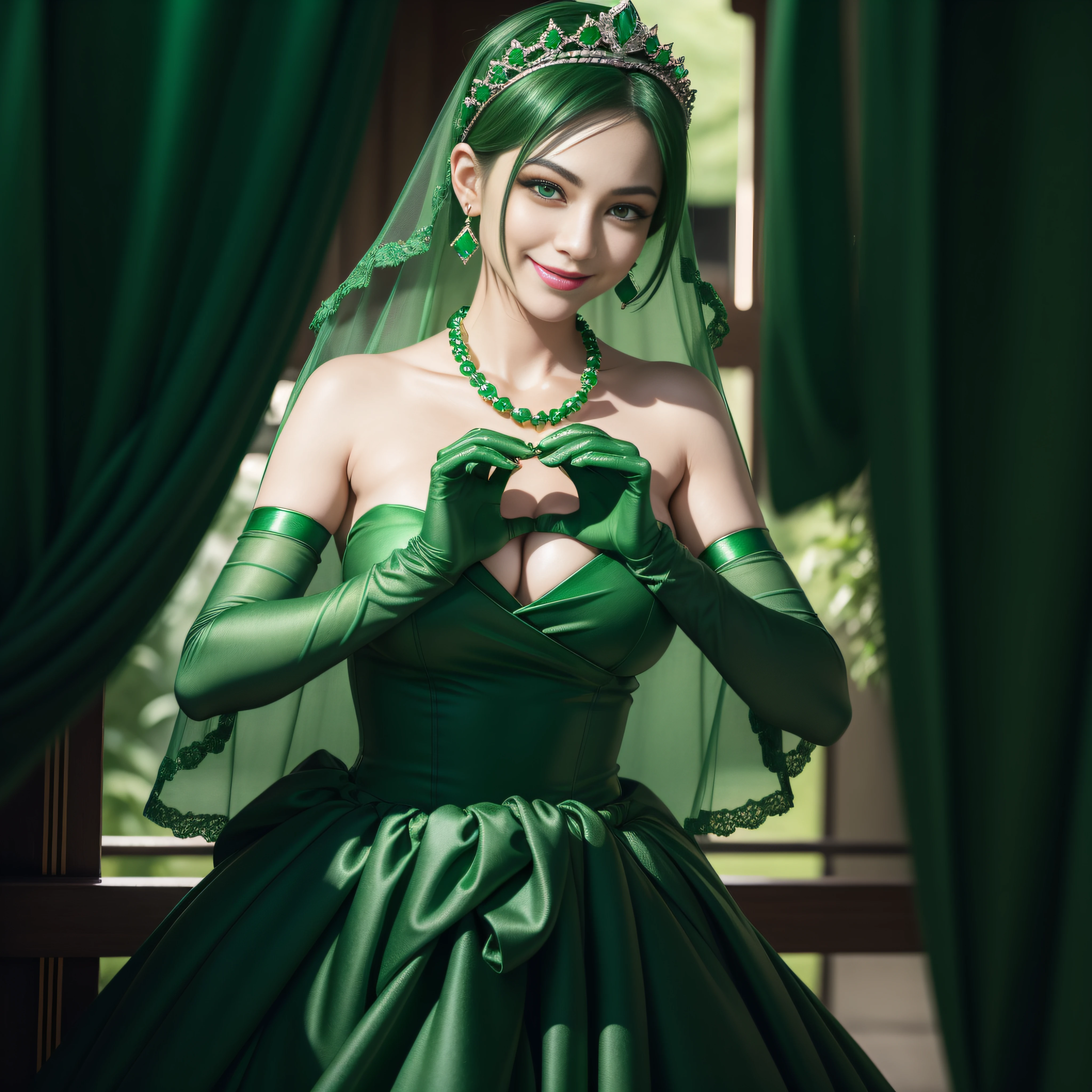 emerald tiara, Green Pearl Necklace, Boyish very short green hair, lipsticks, Japan woman smiling, very short short hair, big breasts beautiful, Green eyes, Long green gloves made of satin material, Green eyes, Emerald Earrings, green vale, Heart with both hands, Green hair