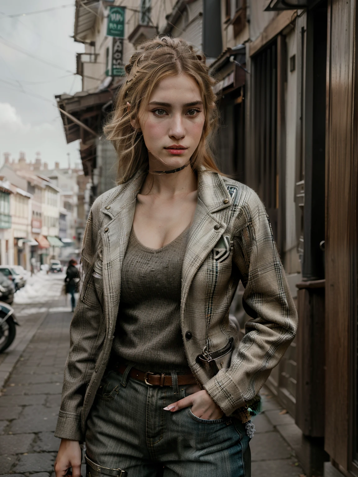 Mujer rubia con chaqueta de cuero y pantalones cortos de pie en una calle de la ciudad, stylized fantasy artwork, Personaje principal femenino, realistic artistic style, Estilo de arte fotorrealista, Arte digital de un elegante, realistic digital illustration, Gran arte digital con detalles, Personaje femenino, Highly detailed characteristic style., cinematic realistic portrait, Retrato detallado del personaje, juego CG, Awesome Digital Illustration