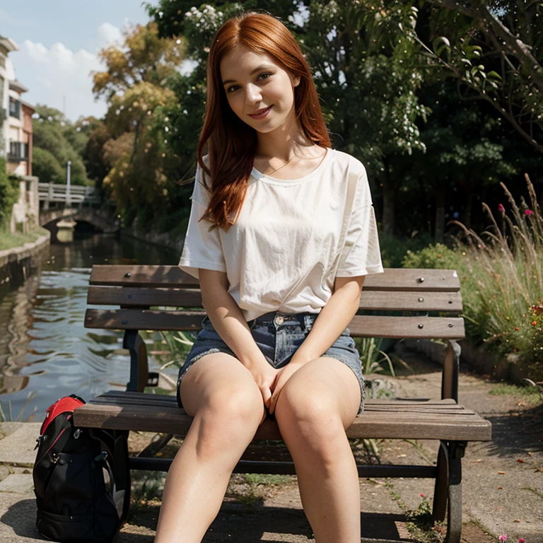 digital art, (girl, red_hair, flowers, baggy jeans, white shirt, discreet smile, cute look), (sitting on a bench, river in the background, golden hour),, by Daniil Suponitskiy jpegman