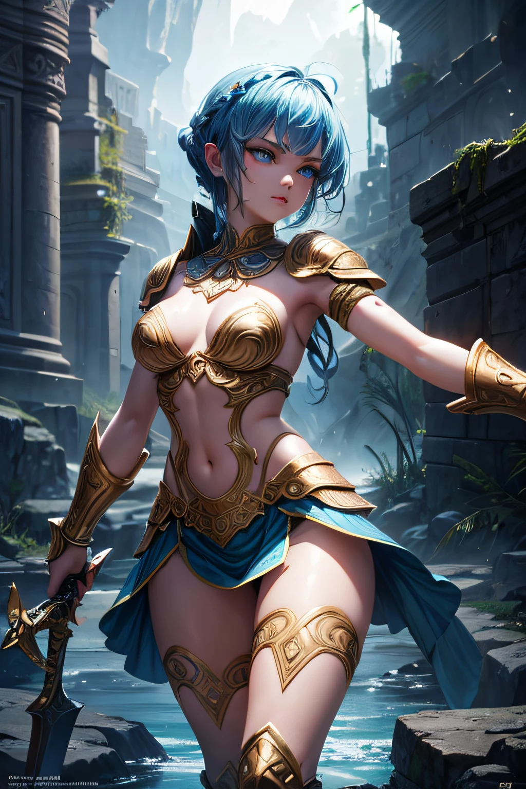 young atlantian teen girl, ancient atlantian warrior, evil look,,combat stance, wielding a short sword, facepaint, bodypaint, sexi, small breasts, ancient atlantian dress and armor, bright blue hair, tanned skin, bright blue eyes, oceanic town in background, highly detailed, vibrant appearance, creative behavior, extremly detailed, imaginative, sensual, spontaneous, highest quality, skin texture, intricate details, (cinematic lighting), RAW photo, 8k, masterpiece,best quality,ultra-detailed,very detailed illustrations,extremely detailed,intricate details,highres,super complex details,extremely detailed 8k cg wallpaper,