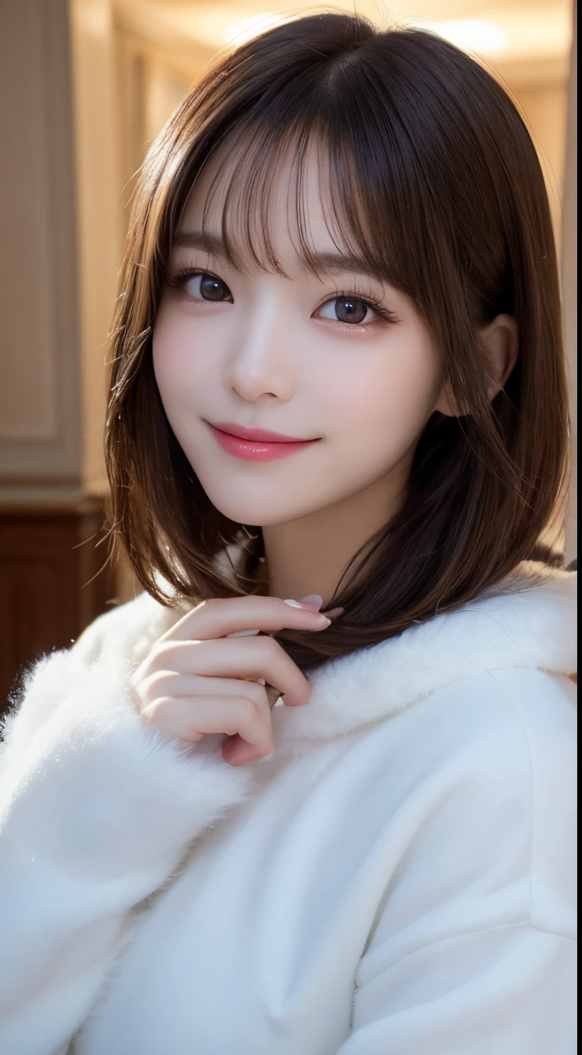 masutepiece, Best Quality, Illustration, Ultra-detailed, finely detail, hight resolution, 8K Wallpaper, Perfect dynamic composition, Beautiful detailed eyes, white fluffy winter clothes,Medium Hair,small tits,Natural Color Lip, Bold sexy poses,Smile,mansion(a room)、20 years girl、Cute、sexy look at the camera,perfect and beautiful face and fingers,Take close-up photos of your face,Take only the face