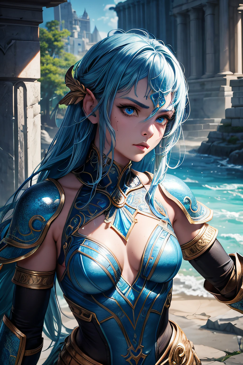 young atlantian  girl, ancient atlantian warrior, evil look,,combat stance, wielding a short sword, blue facepaint, blue bodypaint, sexi, small breasts, ancient atlantian dress and armor, bright blue hair, tanned skin, bright blue eyes, oceanic town in background, highly detailed, vibrant appearance, creative behavior, extremly detailed, imaginative, sensual, spontaneous, highest quality, skin texture, intricate details, (cinematic lighting), RAW photo, 8k, masterpiece,best quality,ultra-detailed,very detailed illustrations,extremely detailed,intricate details,highres,super complex details,extremely detailed 8k cg wallpaper,