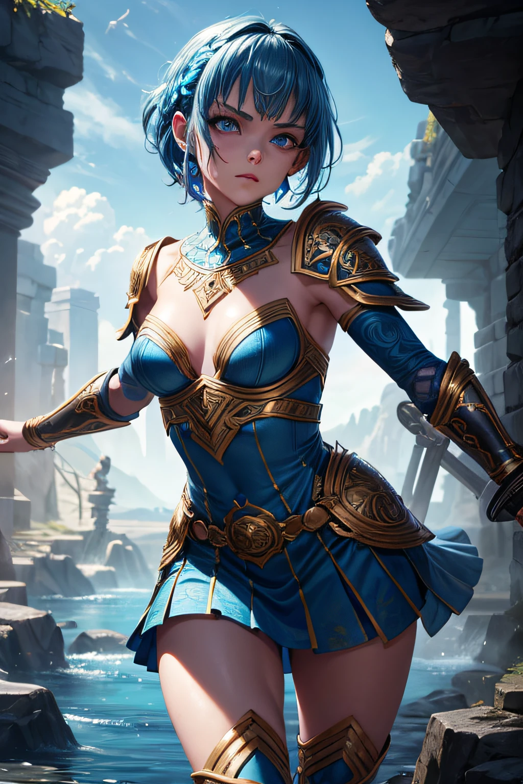 young atlantian girl, ancient atlantian warrior, evil look,,combat stance, wielding a short sword, blue facepaint, blue bodypaint, sexi, small breasts, ancient atlantian dress and armor, bright blue hair, dark tanned skin, bright blue eyes, oceanic town in background, highly detailed, vibrant appearance, creative behavior, extremly detailed, imaginative, sensual, spontaneous, highest quality, skin texture, intricate details, (cinematic lighting), RAW photo, 8k, masterpiece,best quality,ultra-detailed,very detailed illustrations,extremely detailed,intricate details,highres,super complex details,extremely detailed 8k cg wallpaper,