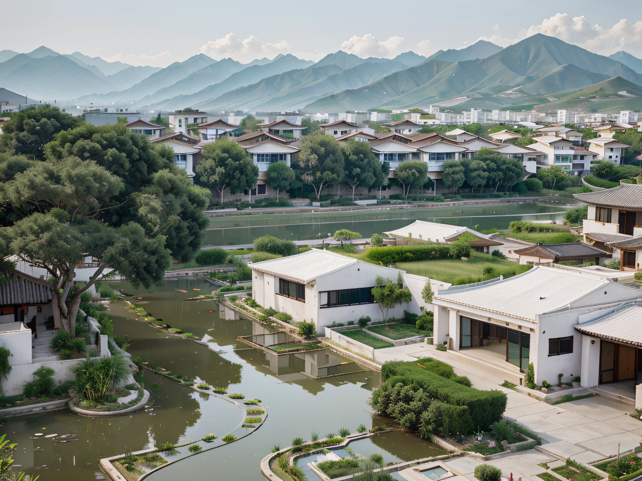 (Modern Chinese landscape)By the lotus pond,farm land,The background mountains, residential area, empty building with vegetation, white architecture, Houses and buildings, White building with black roof, Chinese village, mixed development, modern neighborhood, the neat and dense buildings, whitewashed buildingaraway view,