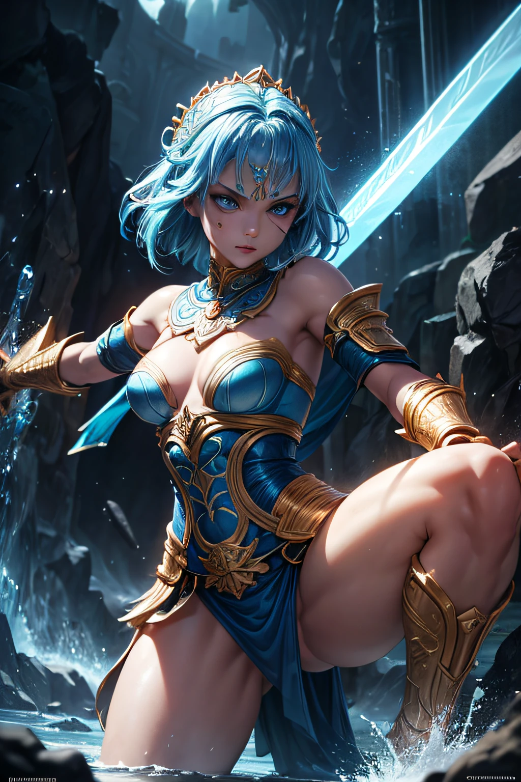 young atlantian teen girl, ancient atlantian warrior, evil look,,combat stance, wielding a short sword, blue facepaint, blue bodypaint, sexi, small breasts, ancient atlantian dress and armor, bright blue hair, dark tanned skin, bright blue eyes, oceanic town in background, highly detailed, vibrant appearance, creative behavior, extremly detailed, imaginative, sensual, spontaneous, highest quality, skin texture, intricate details, (cinematic lighting), RAW photo, 8k, masterpiece,best quality,ultra-detailed,very detailed illustrations,extremely detailed,intricate details,highres,super complex details,extremely detailed 8k cg wallpaper,