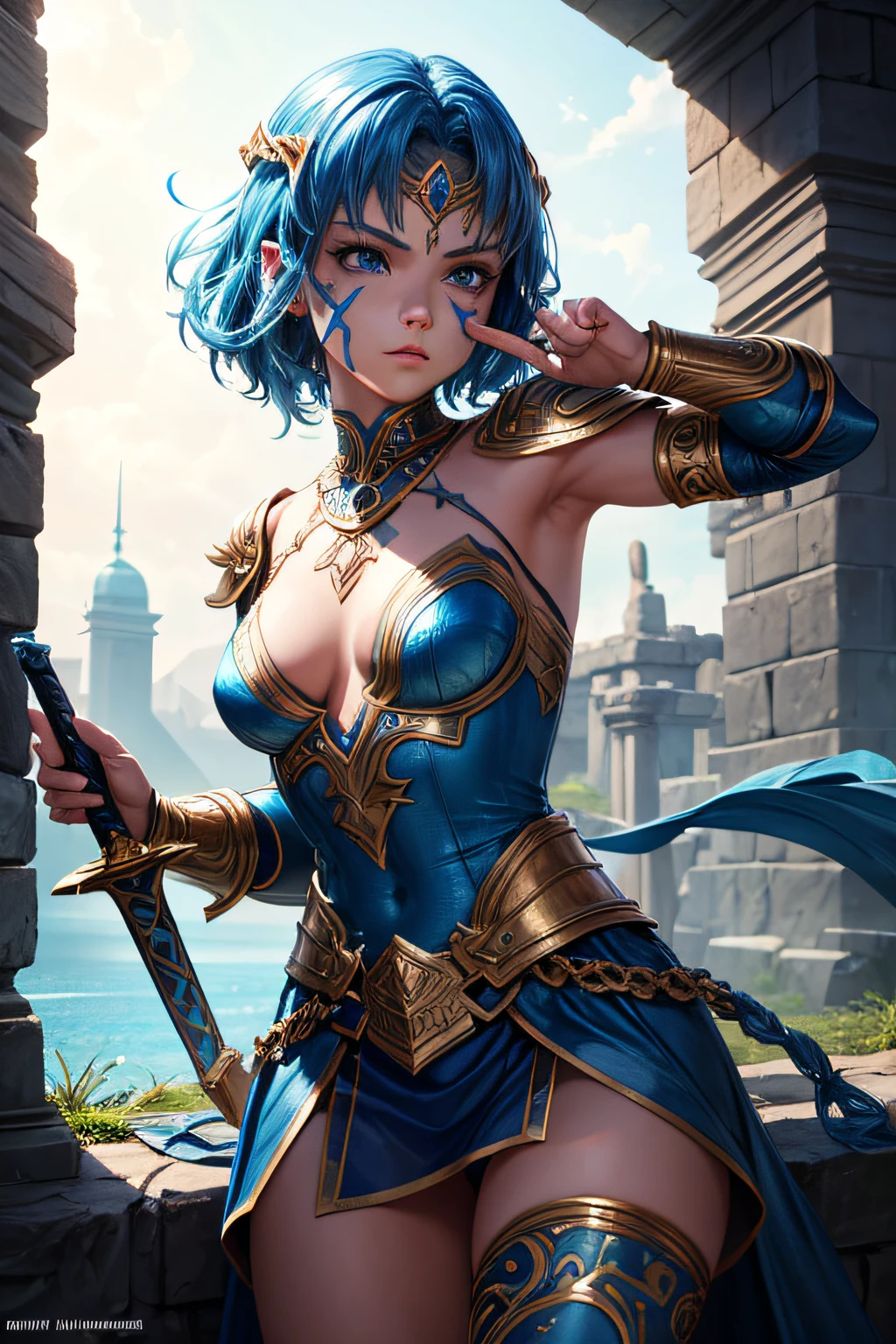 young atlantian girl, ancient atlantian warrior, evil look,,combat stance, wielding a short sword, blue facepaint, blue bodypaint, sexi, small breasts, ancient atlantian dress and armor, bright blue hair, dark tanned skin, bright blue eyes, oceanic town in background, highly detailed, vibrant appearance, creative behavior, extremly detailed, imaginative, sensual, spontaneous, highest quality, skin texture, intricate details, (cinematic lighting), RAW photo, 8k, masterpiece,best quality,ultra-detailed,very detailed illustrations,extremely detailed,intricate details,highres,super complex details,extremely detailed 8k cg wallpaper,