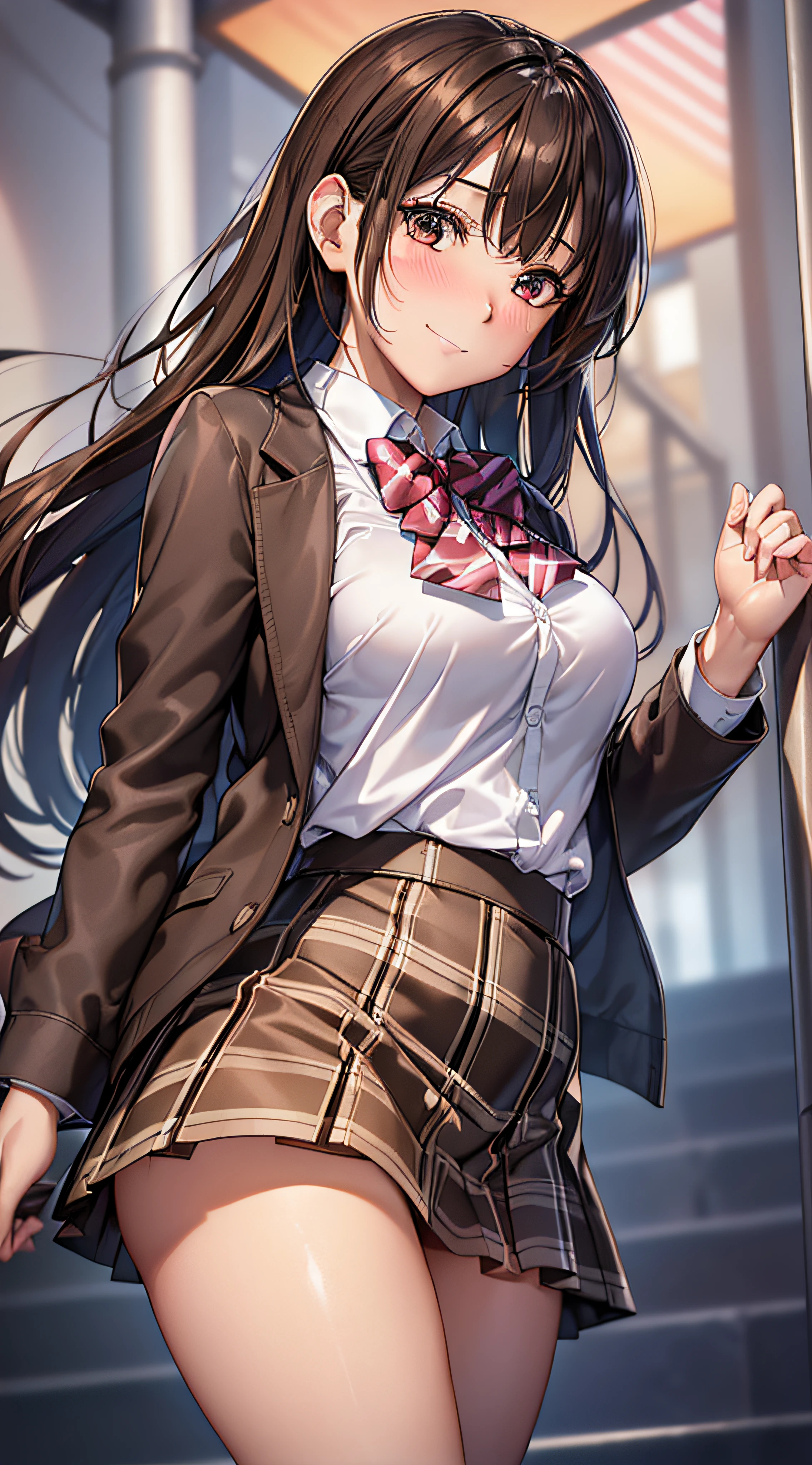((masutepiece, Best Quality, hight resolution, nffsw, Perfect Pixel, 4K, nffsw, nffsw))), 1girl in, Single, Solo, Beautie、full body seen、 ((Middle Wave Hair, Bangs, Brown hair)), ((Brown-eyed, Beautiful eyelashes, Realistic eyes)), ((Detailed face, Blushing:1.2)), ((Smooth texture:0.75, Realistic texture:0.65, Photorealistic:1.1, Anime CG style)), medium breasts, Dynamic Angle, Perfect body, ((red bowtie, School uniform, Black jacket, Open jacket, Brown cardigan, White shirt, Black skirt, plaid skirts)), terminal station stairs、Looking up from the bottom of the stairs、Very embarrassing panic smile, turned around、bending forward、(The wind flipped my skirt and exposed my butt..........、Touching the buttocks with both hands、Pink lace panties)、
