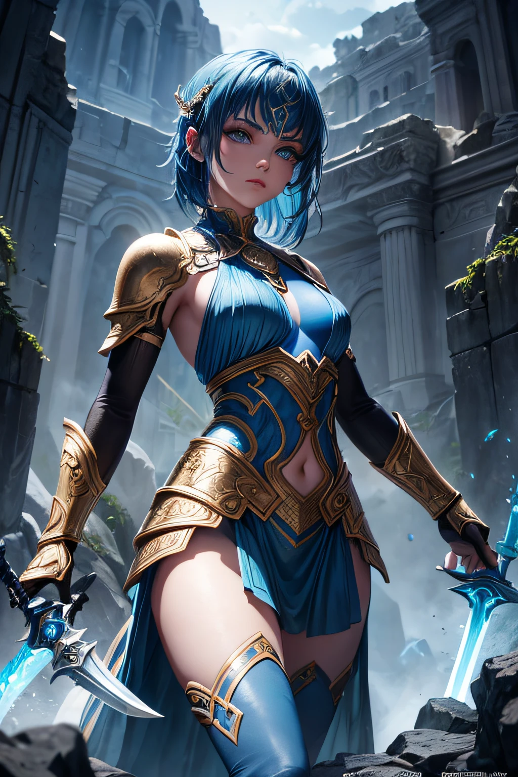 young atlantian teen girl, ancient atlantian warrior, evil look,,combat stance, wielding a short sword, blue facepaint, blue bodypaint, sexi, small breasts, ancient atlantian dress and armor, bright blue hair, tanned skin, bright blue eyes, oceanic town in background, highly detailed, vibrant appearance, creative behavior, extremly detailed, imaginative, sensual, spontaneous, highest quality, skin texture, intricate details, (cinematic lighting), RAW photo, 8k, masterpiece,best quality,ultra-detailed,very detailed illustrations,extremely detailed,intricate details,highres,super complex details,extremely detailed 8k cg wallpaper,