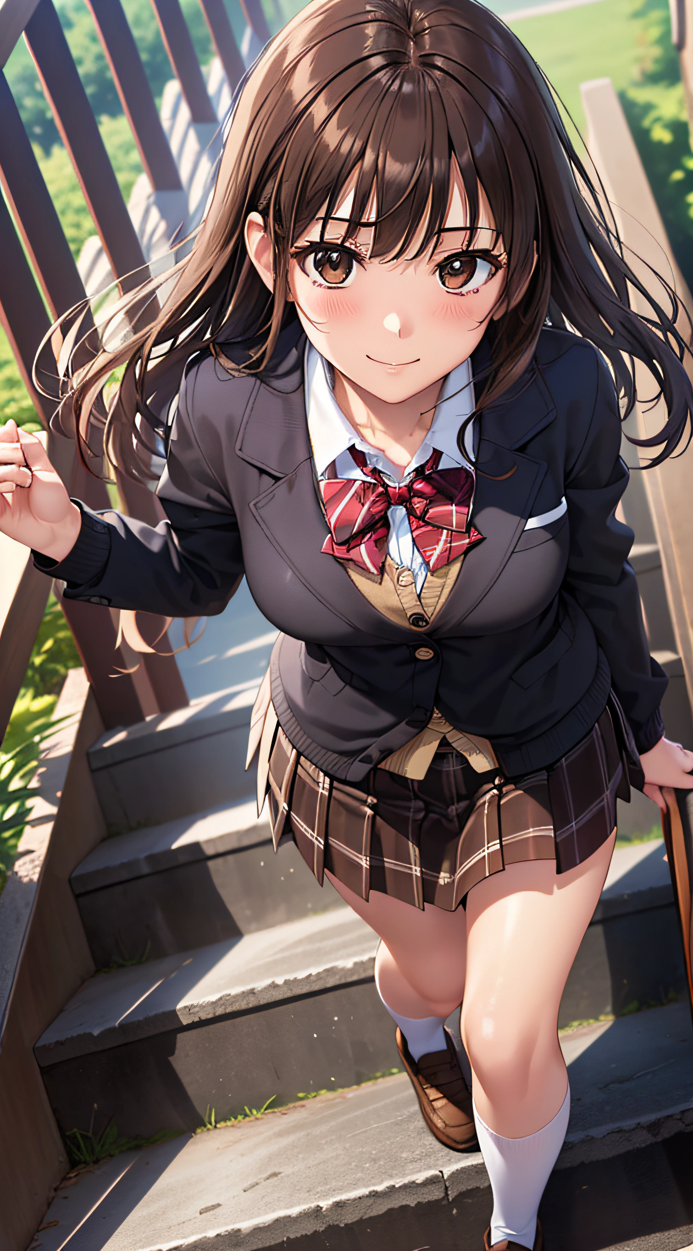 ((masutepiece, Best Quality, hight resolution, nffsw, Perfect Pixel,  4K, nffsw, nffsw))), 1girl in, Single, Solo, Beautie、full body seen、 ((Middle Wave Hair, Bangs, Brown hair)), ((Brown-eyed, Beautiful eyelashes, Realistic eyes)), ((Detailed face, Blushing:1.2)), ((Smooth texture:0.75, Realistic texture:0.65, Photorealistic:1.1, Anime CG style)), medium breasts, Dynamic Angle, Perfect body,  ((red bowtie, School uniform, Black jacket, Open jacket, Brown cardigan, White shirt, Black skirt, plaid skirts)), stairs at school、Looking up from the bottom of the stairs、Very embarrassing panic smile, turned around、bending forward、(The wind flipped my skirt and exposed my butt.......、Touching the buttocks with both hands、White lace panties)、